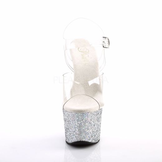 Product image of Pleaser Sky-308Lg Clear/Silver Multi Glitter, 7 inch (17.8 cm) Heel, 2 3/4 inch (7 cm) Platform Sandal Shoes