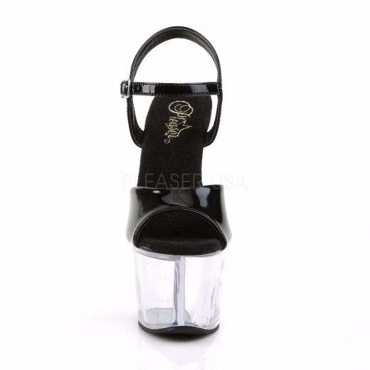 Product image of Pleaser Sky-309 Black Patent/Clear, 7 inch (17.8 cm) Heel, 2 3/4 inch (7 cm) Platform Sandal Shoes