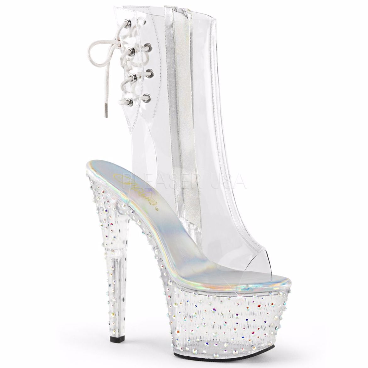 Product image of Pleaser Stardance-1018C-7 Clear/Clear-Silver Multi Rhinestone, 7 inch (17.8 cm) Heel, 2 3/4 inch (7 cm) Platform Ankle Boot