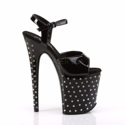 Product image of Pleaser Stardust-809 Black Patent/Black, 8 inch (20.3 cm) Heel, 4 inch (10.2 cm) Platform Sandal Shoes