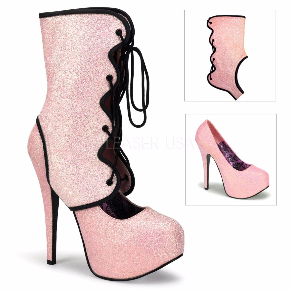 Product image of Bordello Teeze-31G Baby Pink Mini Glitter, 5 3/4 inch (14.6 cm) Heel, 1 3/4 inch (4.4 cm) Platform Ankle Boot