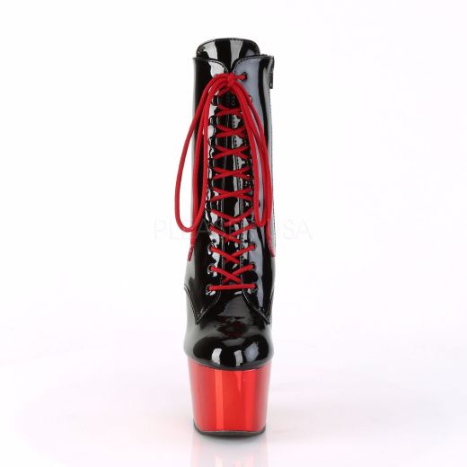 Product image of Pleaser ADORE-1020 Black Patent/Red Chrome 7 inch (17.8 cm) Heel 2 3/4 inch (7 cm) Platform Lace-Up Ankle Boot Side Zip