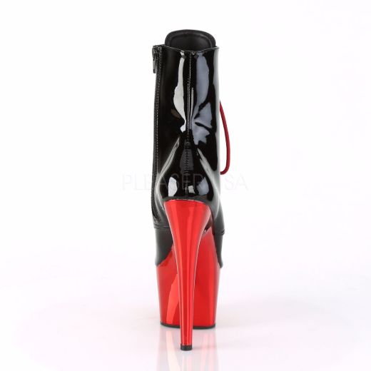 Product image of Pleaser ADORE-1020 Black Patent/Red Chrome 7 inch (17.8 cm) Heel 2 3/4 inch (7 cm) Platform Lace-Up Ankle Boot Side Zip
