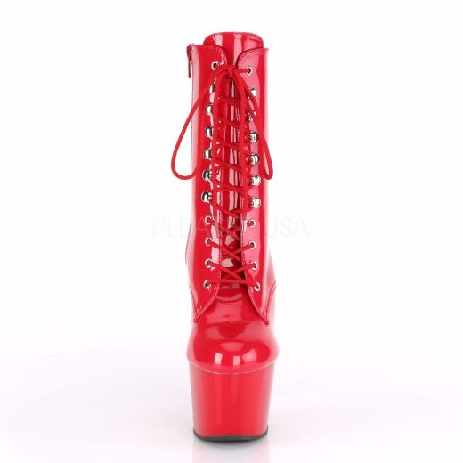 Product image of Pleaser ADORE-1020 Red Patent/Red 7 inch (17.8 cm) Heel 2 3/4 inch (7 cm) Platform Lace-Up Ankle Boot Side Zip