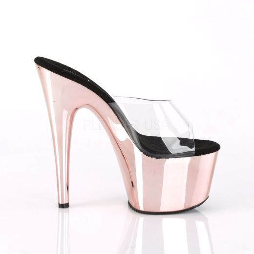 Product image of Pleaser ADORE-701 Clear/Rose Gold Chrome 7 inch (17.8 cm) Heel 2 3/4 inch (7 cm) Chrome Plated Platform Slide Slide Mule Shoes