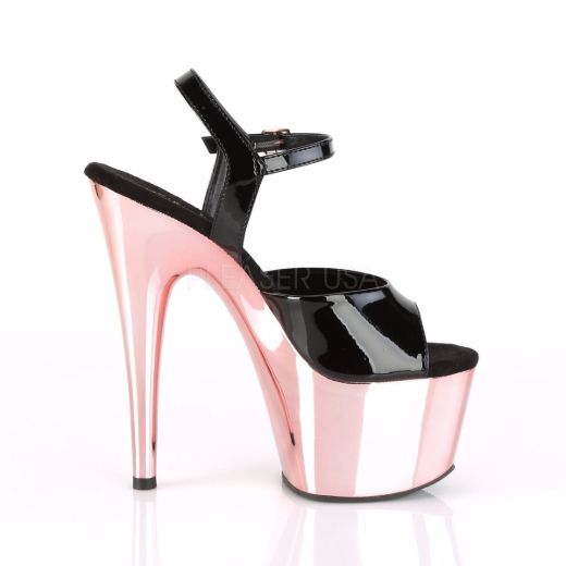 Product image of Pleaser ADORE-709 Black Patent/Rose Gold Chrome 7 inch (17.8 cm) Heel 2 3/4 inch (7 cm) Platform Ankle Strap Sandal Shoes