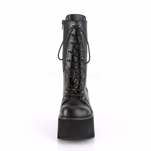 Product image of Demonia ASHES-105 Black Vegan Faux Leather 3 1/2 inch (9 cm) Chunky Heel 2 1/4 inch (5.7 cm) Platform Lace-Up Mid-Calf Bt Side Zip