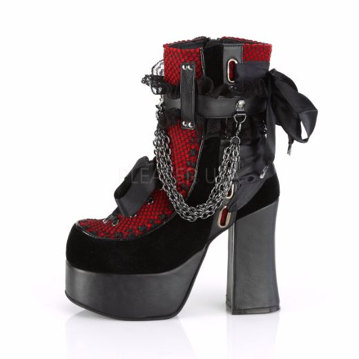 Product image of Demonia CHARADE-110 Black V Faux Leather-Red-Black Velvet-Fishnet Overlay 4 1/2 inch (11.4 cm) Heel 2 inch (5.1 cm) Platform Ankle Boot Side Zip