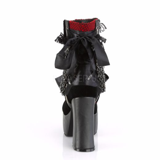 Product image of Demonia CHARADE-110 Black V Faux Leather-Red-Black Velvet-Fishnet Overlay 4 1/2 inch (11.4 cm) Heel 2 inch (5.1 cm) Platform Ankle Boot Side Zip