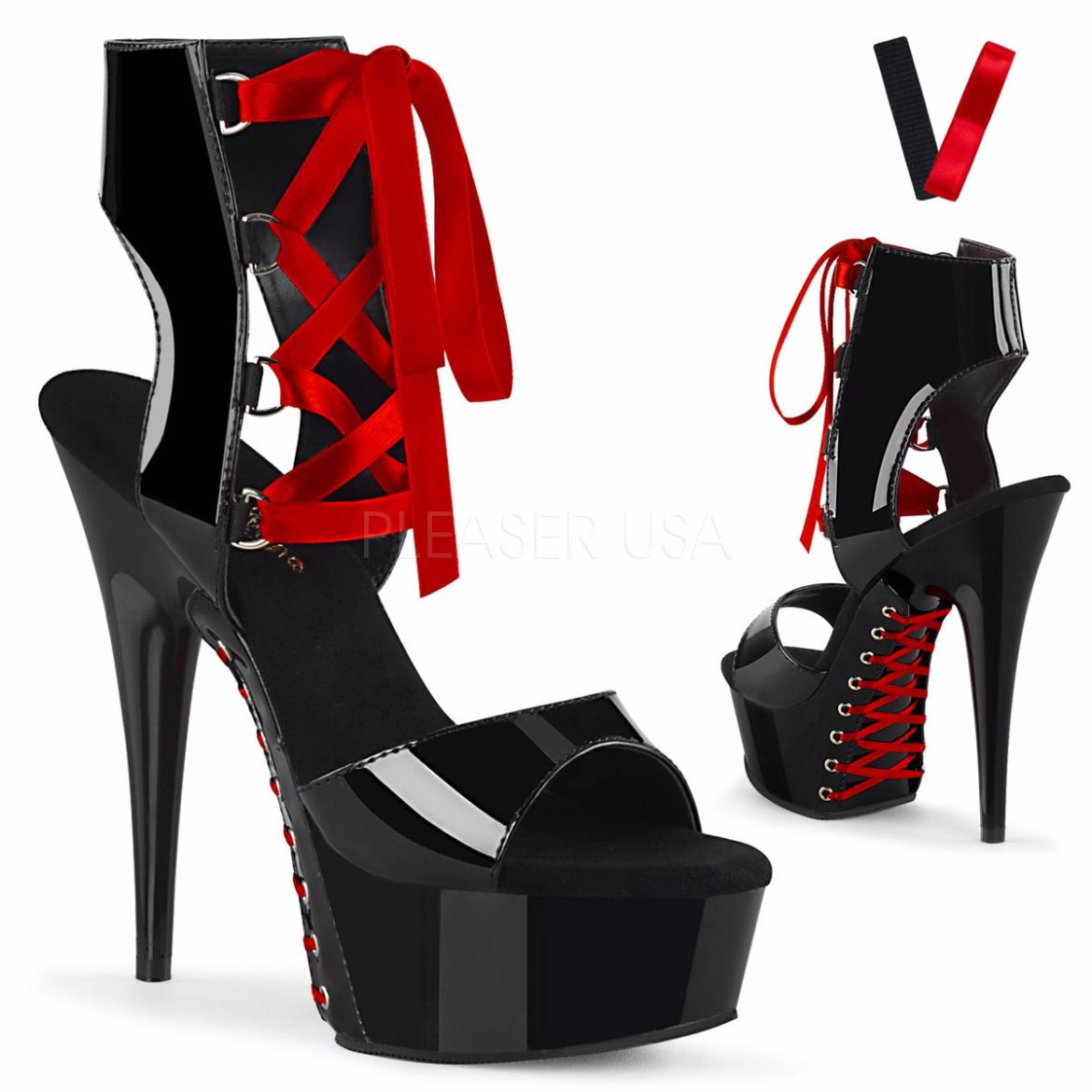 Product image of Pleaser DELIGHT-600-14FH Black Patent/Black 6 inch (15.2 cm) Heel 1 3/4 inch (4.5 cm) Platform Front Lace-Up Sandal With  Corset Lacing Shoes