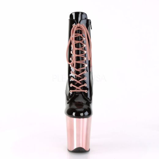 Product image of Pleaser FLAMINGO-1020 Black Patent/Rose Gold Chrome 8 inch (20 cm) Heel 4 inch (10 cm) Platform Lace-Up Ankle Boot Side Zip