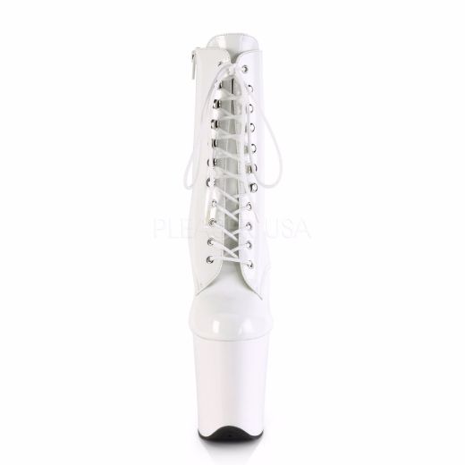 Product image of Pleaser FLAMINGO-1020 White Patent/White 8 inch (20.3 cm) Heel 4 inch (10.2 cm) Platform Lace-Up Ankle Boot Side Zip