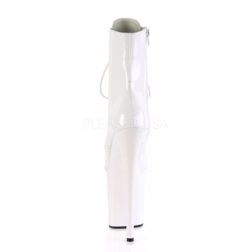 Product image of Pleaser FLAMINGO-1020 White Patent/White 8 inch (20.3 cm) Heel 4 inch (10.2 cm) Platform Lace-Up Ankle Boot Side Zip
