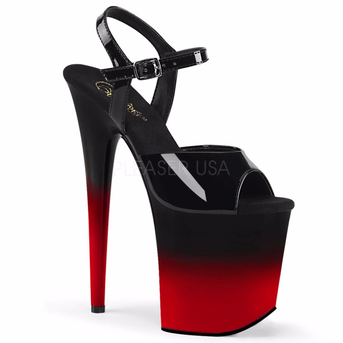 Product image of Pleaser FLAMINGO-809BR-H Black Patent/Black-Red 8 inch (20.3 cm) Heel 4 inch (10.2 cm) Platform Two Tone Ankle Strap Sandal Shoes