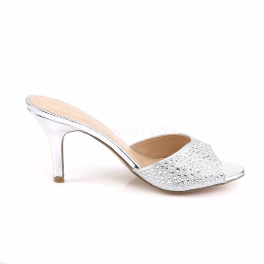 Product image of Fabulicious LUCY-01 Silver Glitter Mesh Fabric 3 1/4 inch (8.3 cm) Heel Slide Embellished With Rhinestones Glitter Slide Mule Shoes
