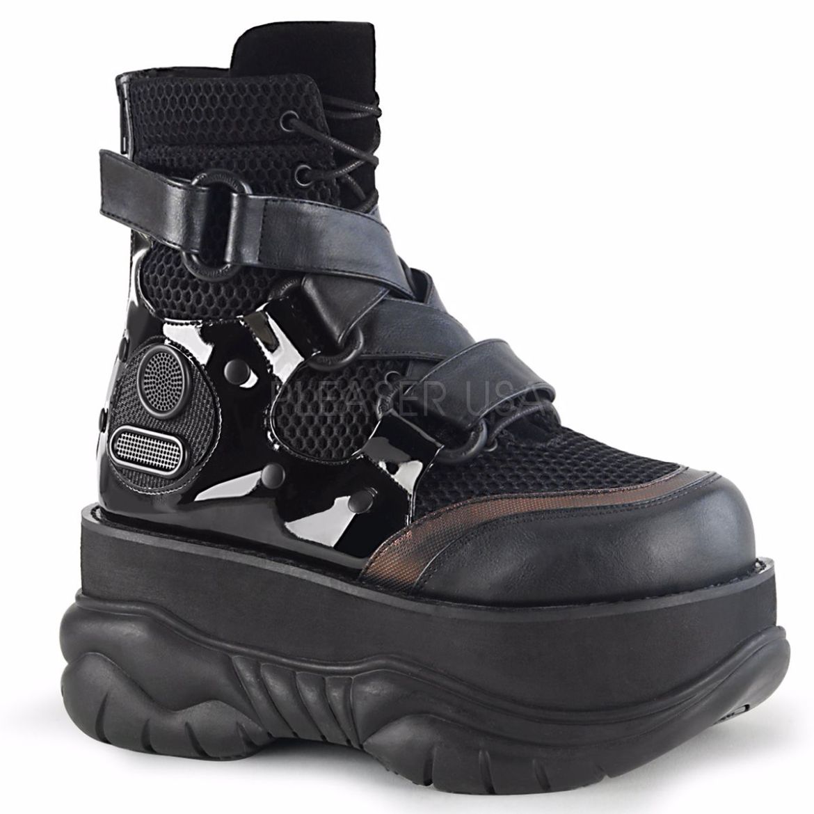 Product image of Demonia NEPTUNE-126 Black Vegan Faux Leather-Fishnet Fabric-Patent 3 inch Platform Lace-Up Ankle Boot With  Hook N' Loop Straps Back Zip