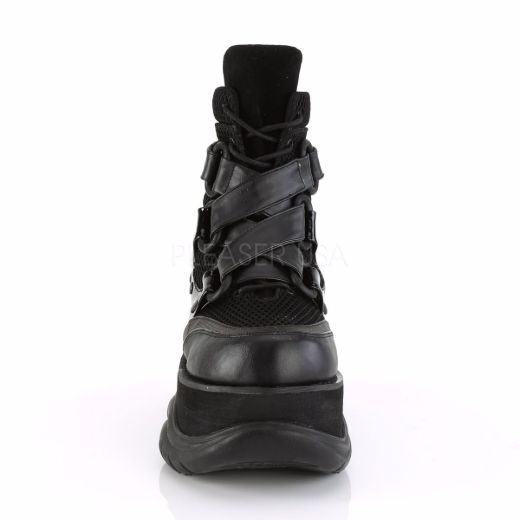 Product image of Demonia NEPTUNE-126 Black Vegan Faux Leather-Fishnet Fabric-Patent 3 inch Platform Lace-Up Ankle Boot With  Hook N' Loop Straps Back Zip