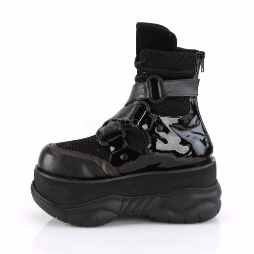 Product image of Demonia NEPTUNE-126 Black Vegan Faux Leather-Fishnet Fabric-Patent 3 inch Platform Lace-Up Ankle Boot With  Hook N' Loop Straps Back Zip