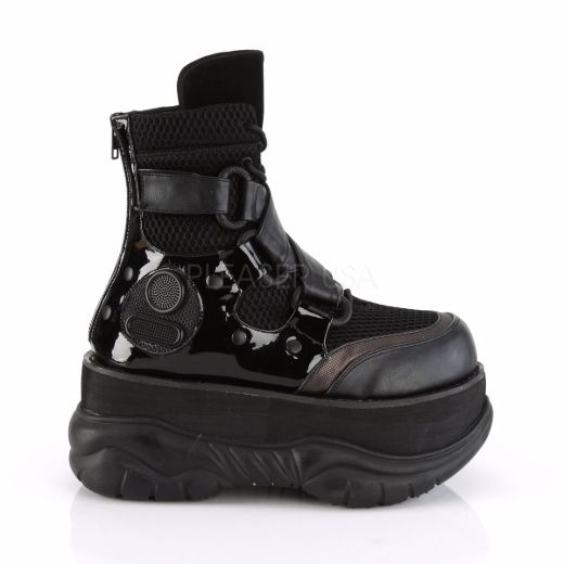 Product image of Demonia NEPTUNE-126 Black Vegan Faux Leather-Fishnet Fabric-Patent 3 inch Platform Lace-Up Ankle Boot With  Hook N' Loop Straps Back Zip