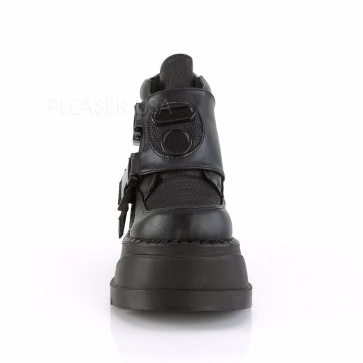 Product image of Demonia STOMP-15 Black Vegan Faux Leather 4 3/4 inch Wedge Platform Bootie With Snap Buckles Detail