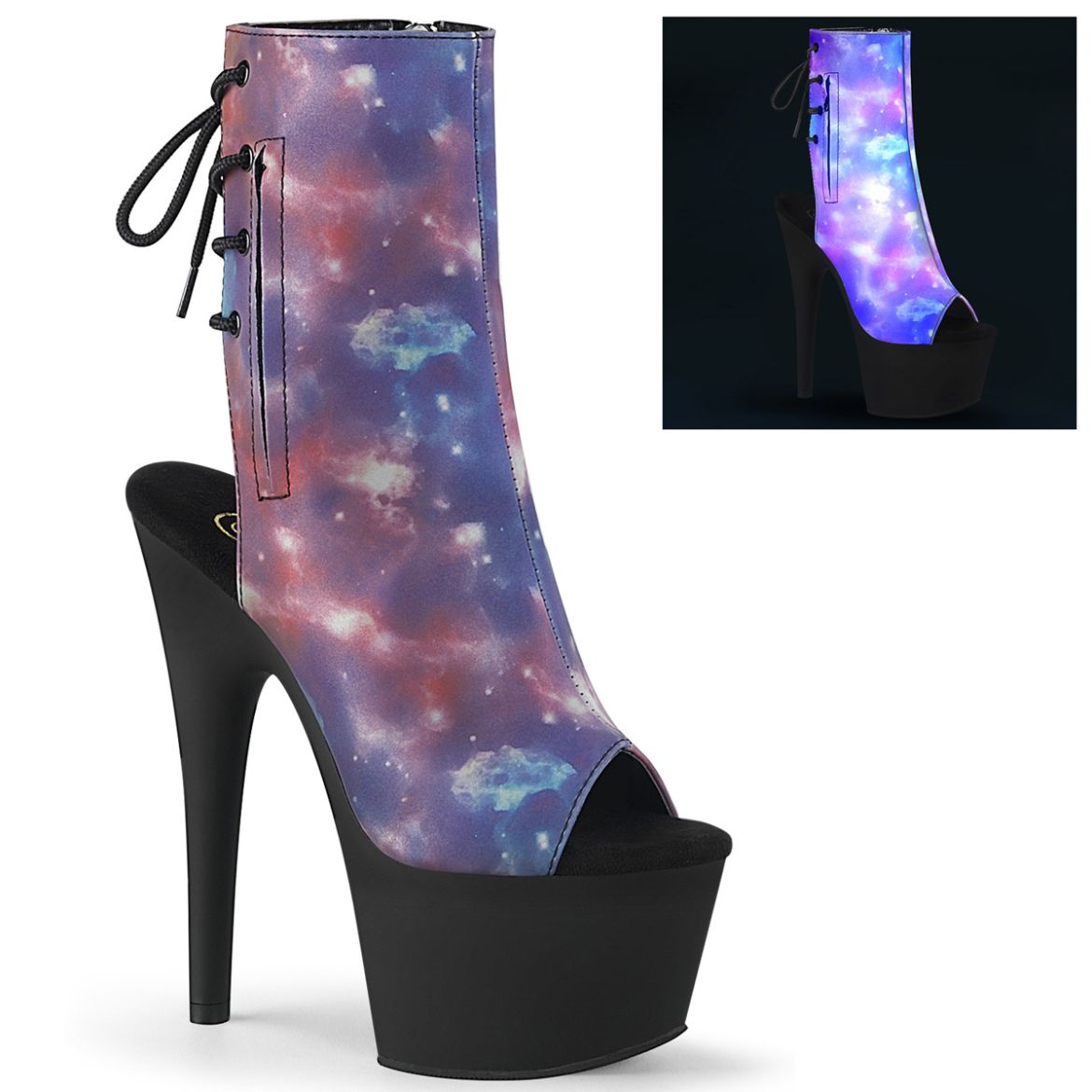 Product image of Pleaser ADORE-1018REFL Purple-Blue Reflective/Black Matte 7 inch (17.8 cm) Heel 2 3/4 inch (7 cm) Platform Open Toe/Heel Ankle Boot Side Zip