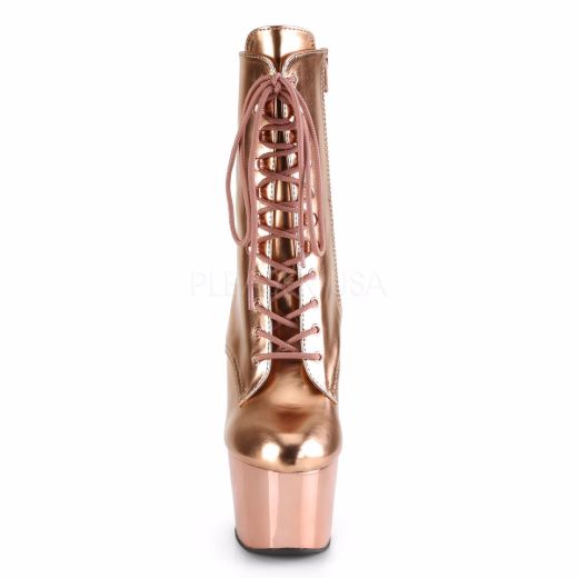 Product image of Pleaser ADORE-1020 Rose Gold Metallic Polyurethane (Pu)/Rose Gold Chrome 7 inch (17.8 cm) Heel 2 3/4 inch (7 cm) Platform Lace-Up Front Ankle Boot Side Zip