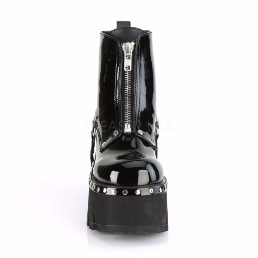 Product image of Demonia ASHES-100 Black Patent-Vegan Faux Leather 3 1/2 inch (9 cm) Chunky Heel Cut Out Platform Ankle Boot Front Zip