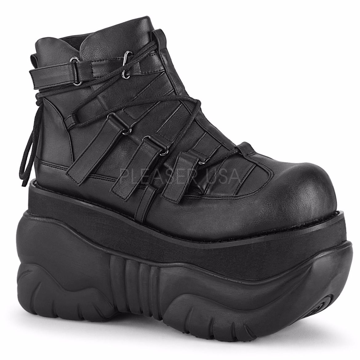 Product image of Demonia BOXER-13 Black Vegan Faux Leather 4 inch Platform Ankle Bootie With  Hook N' Loop Straps