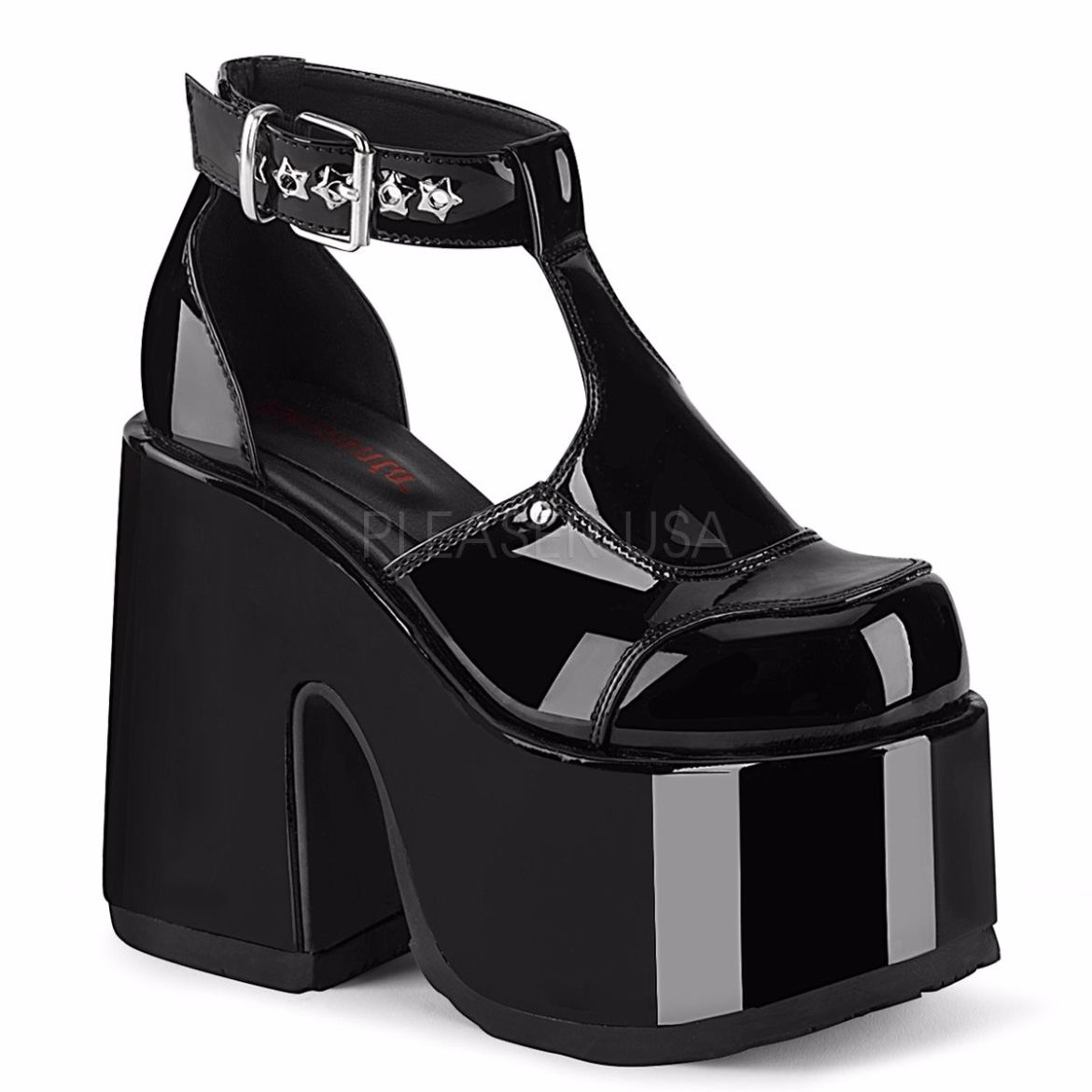 Product image of Demonia CAMEL-103 Black Patent 5 inch (12.7 cm) Chunky Heel 3 inch (7.6 cm) Platform Eyelet T-Straps Sandal Shoes
