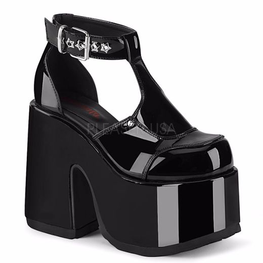 Product image of Demonia CAMEL-103 Black Patent 5 inch (12.7 cm) Chunky Heel 3 inch (7.6 cm) Platform Eyelet T-Straps Sandal Shoes