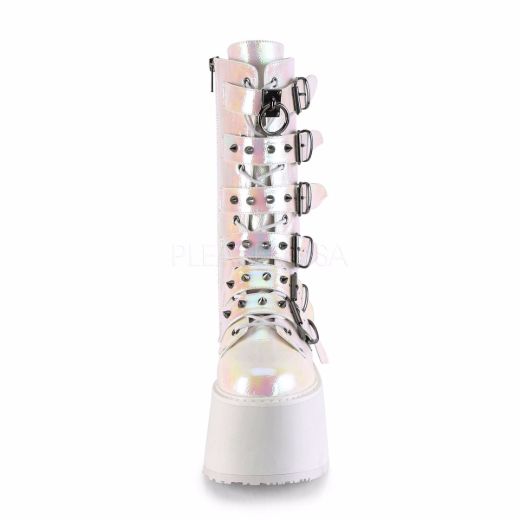 Product image of Demonia DAMNED-225 Pearl Iridescent Vegan Faux Leather 3 1/2 inch Platform Mid-Calf Boot With  6 Buckles Straps Metal Side Zip