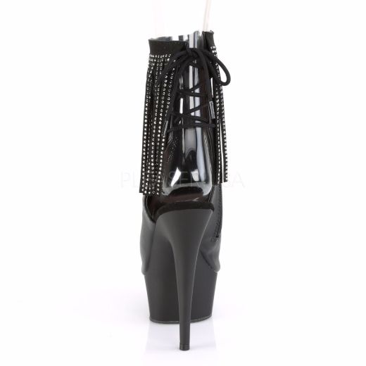 Product image of Pleaser DELIGHT-1018RSF Black Faux Leather/Black Matte 6 inch (15.2 cm) Heel 1 3/4 inch (4.5 cm) Platform Open Toe Rhinestones Fringe Ankle Boot Side Zip