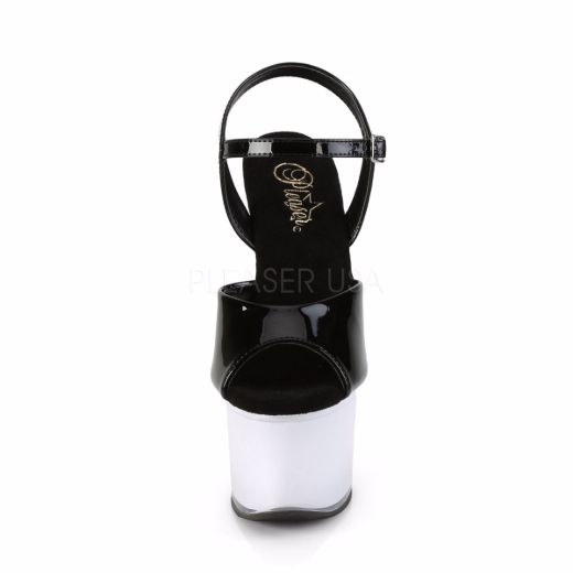 Product image of Pleaser DISCOLITE-709 Black Patent/White Glow 7 inch (17.8 cm) Heel 2 3/4 inch (7 cm) Platform Led Illuminated Ankle Strap Sandal