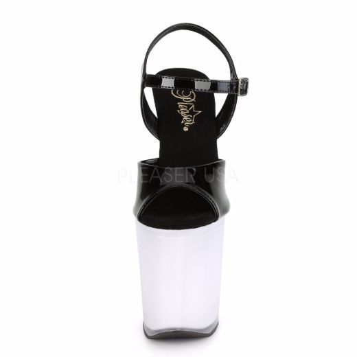 Product image of Pleaser DISCOLITE-809 Black Patent/White Glow 8 inch (20 cm) Heel 4 inch (10 cm) Platform Led Illuminated Ankle Strap Sandal