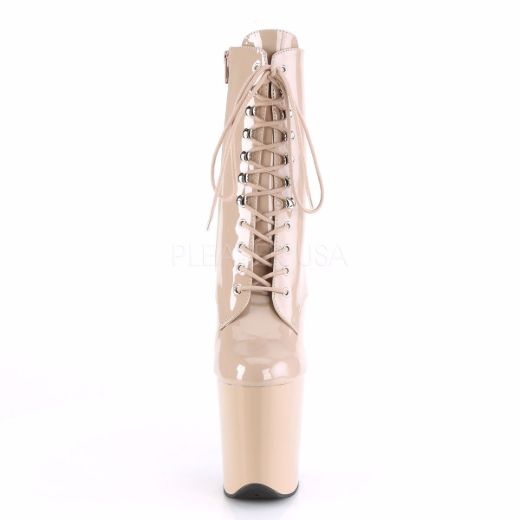 Product image of Pleaser FLAMINGO-1020 Nude Patent/Nude 8 inch (20 cm) Heel 4 inch (10 cm) Platform Lace-Up Front Ankle Boot Side Zip