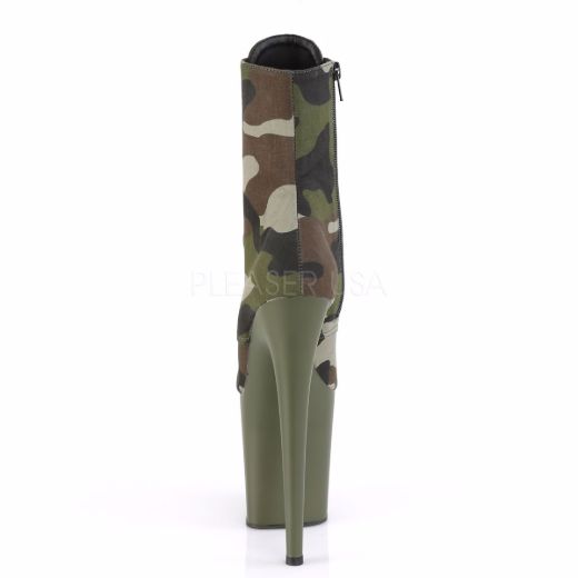 Product image of Pleaser FLAMINGO-1020CAMO Green Camouflage Fabric/Dark Olive Matte 8 inch (20 cm) Heel 4 inch (10 cm) Platform Lace-Up Ankle Boot Side Zip