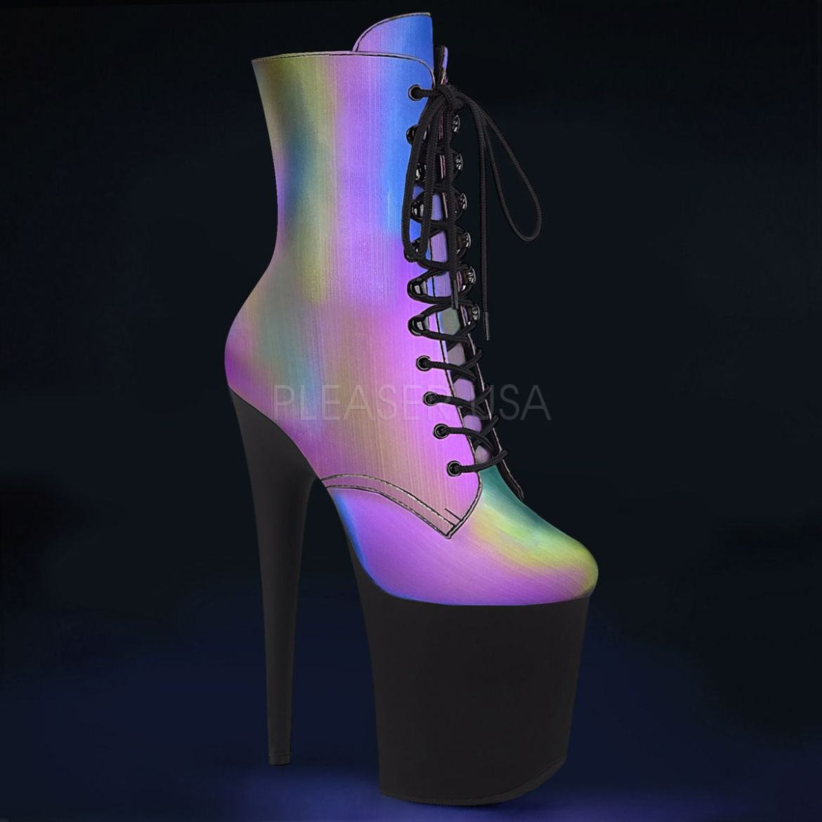 Product image of Pleaser FLAMINGO-1020REFL Rainbow Reflective/Black Matte 8 inch (20 cm) Heel 4 inch (10 cm) Platform Lace-Up Front Ankle Boot Side Zip
