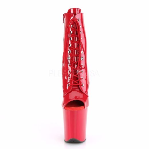 Product image of Pleaser FLAMINGO-1021 Red Patent/Red 8 inch (20 cm) Heel 4 inch (10 cm) Platform Peep Toe Lace-Up Ankle Boot Side Zip