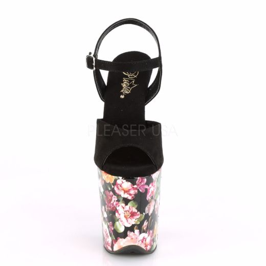 Product image of Pleaser FLAMINGO-809WR Black Faux Suede/Flower Print Wrapped 8 inch (20 cm) Heel 4 inch (10 cm) Platform Ankle Strap Sandal With  Flower Print Shoes