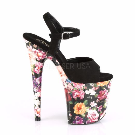 Product image of Pleaser FLAMINGO-809WR Black Faux Suede/Flower Print Wrapped 8 inch (20 cm) Heel 4 inch (10 cm) Platform Ankle Strap Sandal With  Flower Print Shoes