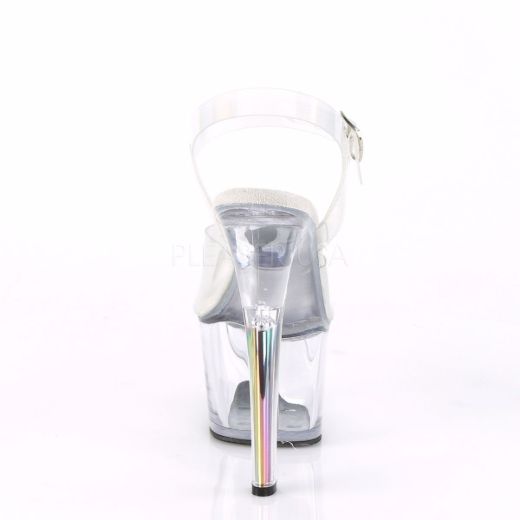 Product image of Pleaser SKY-308N-RBH Clear Holographic Polyurethane (Pu)/Clear 7 inch (17.8 cm) Heel 2 3/4 inch (7 cm) Platform Ankle Strap Sandal With  Rainbow Heel Shoes