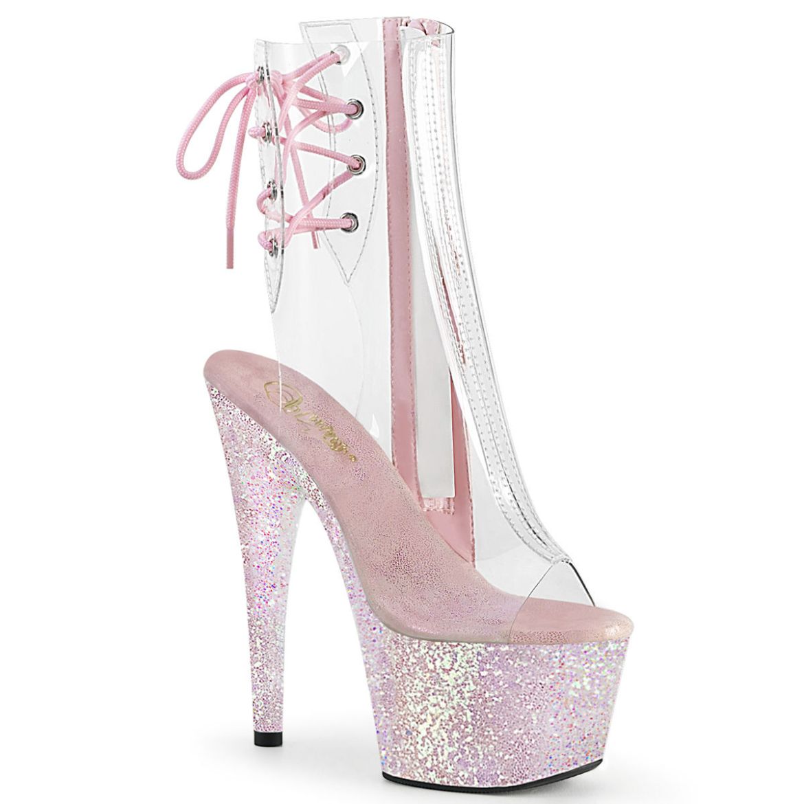 Product image of Pleaser ADORE-1018C Clear/Multicolour Multicolour Glitter 7 inch (17.8 cm) Heel 2 3/4 inch (7 cm) Platform Open Toe/Heel Ankle Boot Side Zip