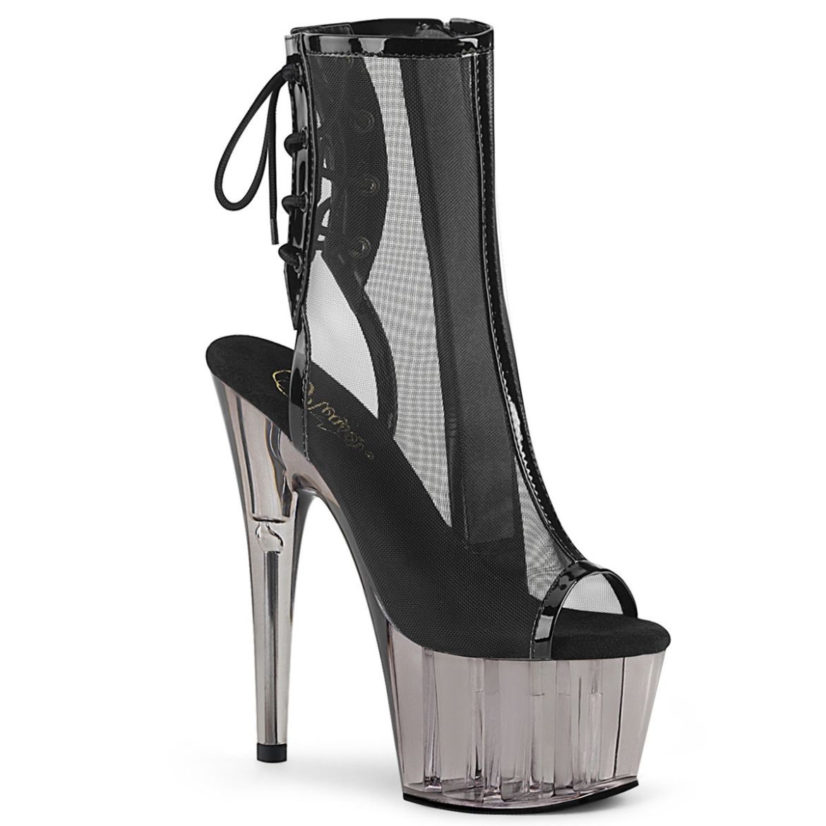 Product image of Pleaser ADORE-1018MSHT Black Patent-Mesh/Smoke Tinted 7 inch (17.8 cm) Heel 2 3/4 inch (7 cm) Tinted Platform Open Toe Ankle Boot Side Zip