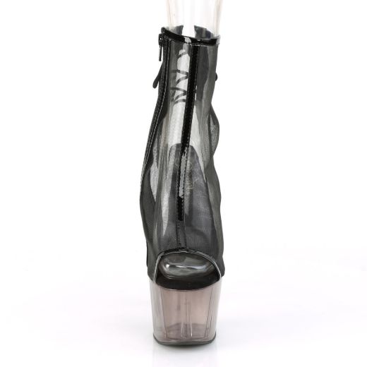 Product image of Pleaser ADORE-1018MSHT Black Patent-Mesh/Smoke Tinted 7 inch (17.8 cm) Heel 2 3/4 inch (7 cm) Tinted Platform Open Toe Ankle Boot Side Zip