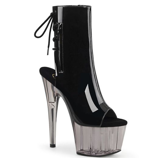 Product image of Pleaser ADORE-1018T Black Patent/Smoke Tinted 7 inch (17.8 cm) Heel 2 3/4 inch (7 cm) Tinted Platform Open Toe Ankle Boot Side Zip