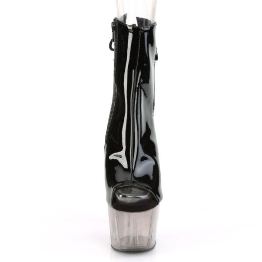 Product image of Pleaser ADORE-1018T Black Patent/Smoke Tinted 7 inch (17.8 cm) Heel 2 3/4 inch (7 cm) Tinted Platform Open Toe Ankle Boot Side Zip