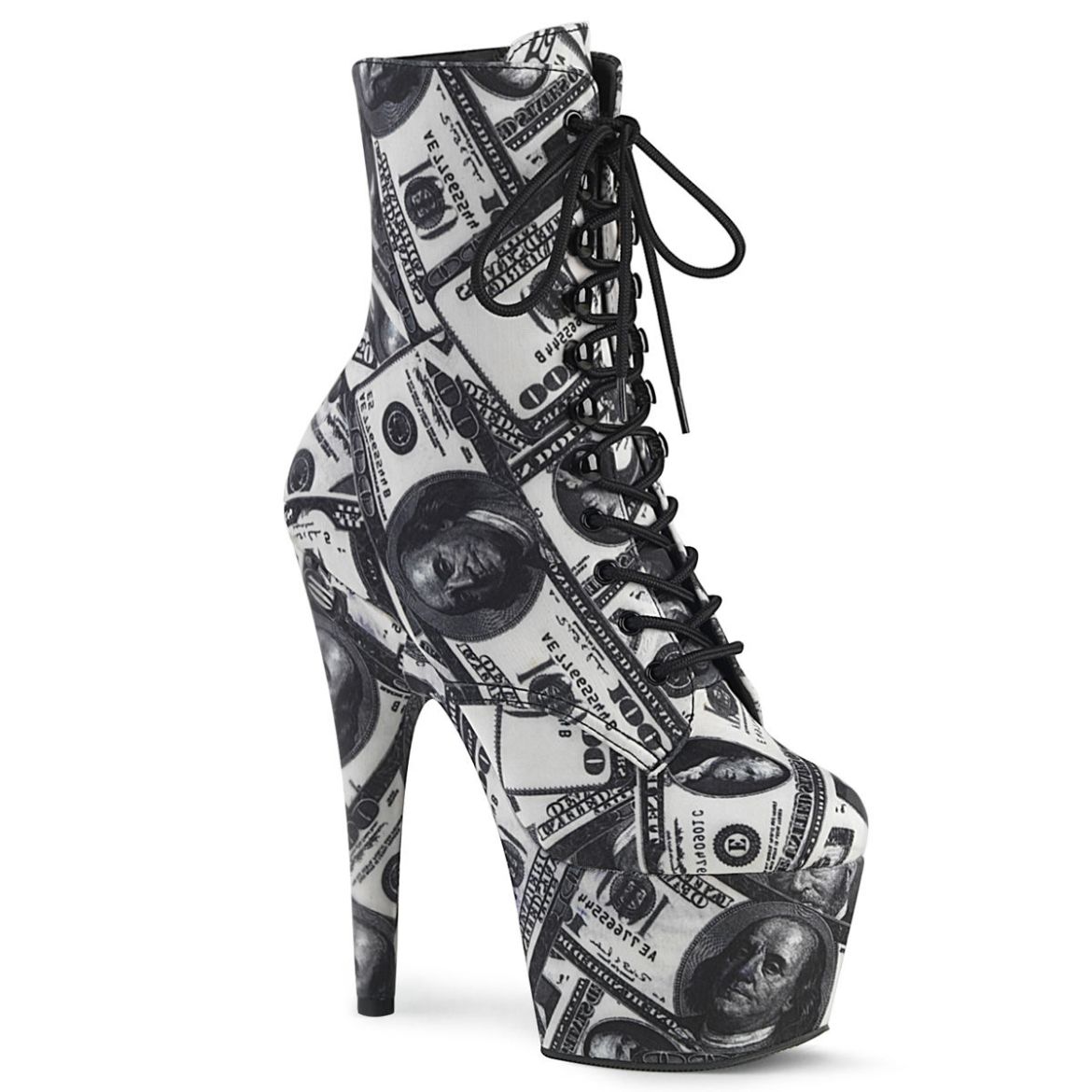 Product image of Pleaser ADORE-1020DP White-Black Fabric/White-Black Fabric 7 inch (17.8 cm) Heel 2 3/4 inch (7 cm) Platform Lace-Up Front Ankle Boot Side Zip