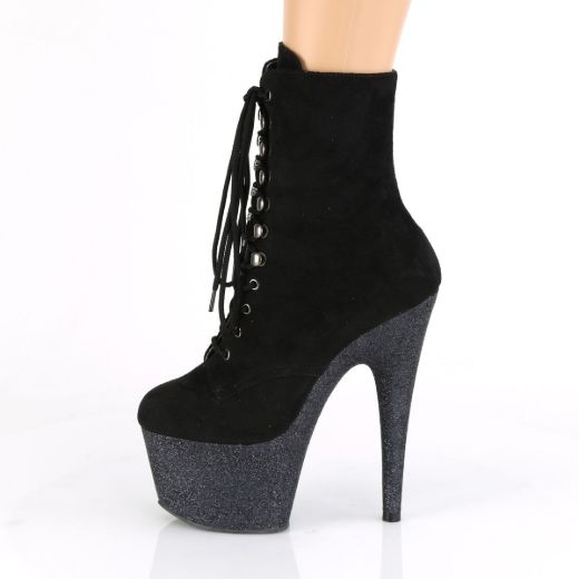 Product image of Pleaser ADORE-1020FSMG Black Faux Suede/Black Multicolour Mini Glitter 7 inch (17.8 cm) Heel 2 3/4 inch (7 cm) Platform Lace-Up Front Ankle Boot Side Zip