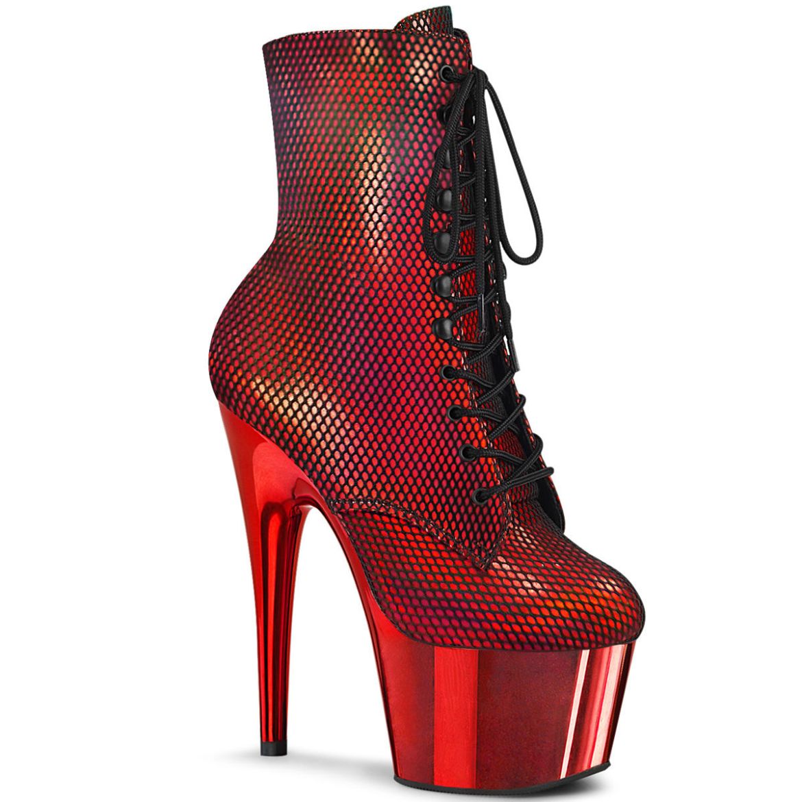 Product image of Pleaser ADORE-1020HFN Red Holographic/Red Chrome 7 inch (17.8 cm) Heel 2 3/4 inch (7 cm) Platform Lace-Up Front Ankle Boot Side Zip