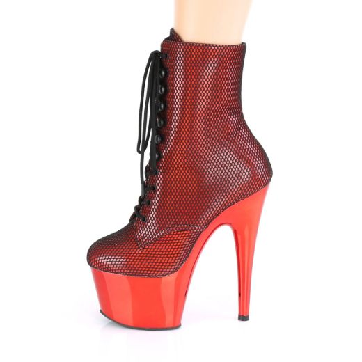 Product image of Pleaser ADORE-1020HFN Red Holographic/Red Chrome 7 inch (17.8 cm) Heel 2 3/4 inch (7 cm) Platform Lace-Up Front Ankle Boot Side Zip